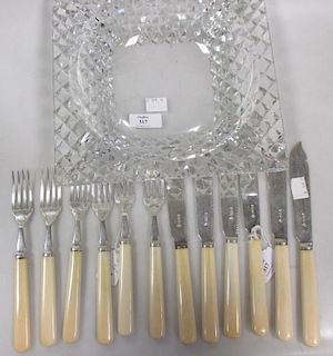 Six Sheffield silver bladed fish knives and forks by Martin and Hall together with a glass bowl <br>
