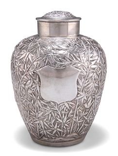 A 19TH CENTURY CHINESE SILVER JAR AND COVER, by Cumshing, Canton, of should