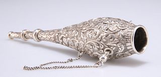 A FINE 19TH CENTURY INDIAN SILVER POSY HOLDER, chased with scrolling foliag