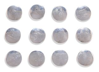 A SET OF TWELVE GEORGE III SILVER HUNT BUTTONS, some marked for William Str