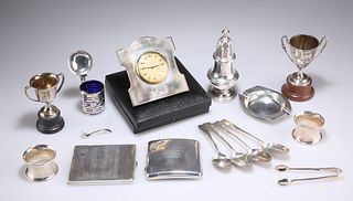A COLLECTION OF SILVER, including?a George V strut clock, by?A Buckley Ltd,