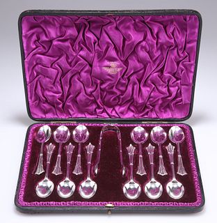 A SET OF TWELVE VICTORIAN SILVER TEASPOONS AND TONGS,?by David & George Edw