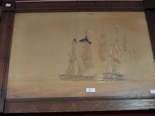 Two watercolours featuring HMS Amazon and in brass inlaid frames made from her timbers. HMS Amazon (
