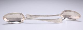 A PAIR OF GEORGE III SILVER FEATHER-EDGED TABLESPOONS,?by Hester Bateman, L