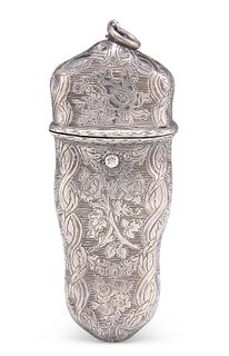 AN 18TH CENTURY SILVER ETUI, unmarked, the tapering bombe case with hinged 