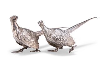 TWO SMALL SILVER COCK PHEASANTS,?the first bird with maker's mark 'LAG', Lo