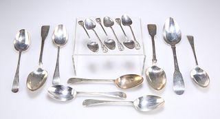 A GROUP OF GEORGIAN AND LATER SPOONS, including a set of six George V silve