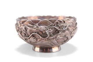 A JAPANESE SILVER BOWL, MEIJI PERIOD,?double walled, decorated in high reli