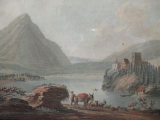 English school (18th Century), An Italian lake landscape, coloured engraving, in a verre eglomise fr