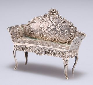A GERMAN SILVER MINIATURE MODEL OF A SETTEE,?import marks, Berthold Muller,