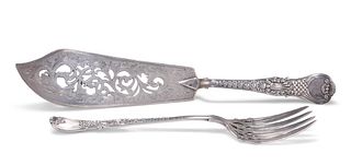A PAIR OF VICTORIAN SILVER FISH SERVERS,?by?William Robert Smily, London 18