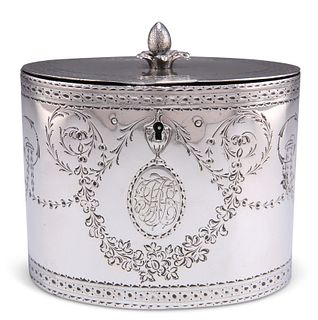 A GEORGE III SILVER TEA CADDY,?by Robert Hennell?I,?London 1780, oval, the 