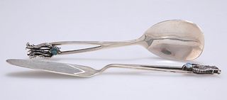 A SILVER AND OPAL SPOON AND KNIFE, each stamped 925, with lyrebird feather 