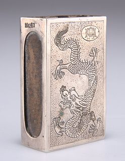 A CHINESE SILVER MATCHBOX SLEEVE, engraved with a dragon, monogrammed, stam