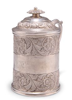 AN INDIAN COLONIAL SILVER MUG AND COVER, 19TH CENTURY, tapering cylindrical