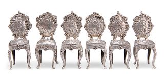 A SET OF SIX GERMAN SILVER MINIATURE CHAIRS,?import marks, Berthold Muller,