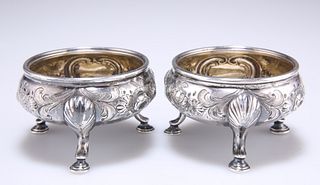 A PAIR OF 18TH CENTURY SCOTTISH SILVER SALTS, marks indistinct, bellied cir