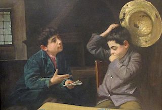French School (19th Century), Two boys playing cards, signed indistinctly lower right, oil on canvas