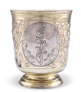 A LARGE 18TH RUSSIAN SILVER BEAKER CUP, maker 'MK', Moscow 1738, cylindrica