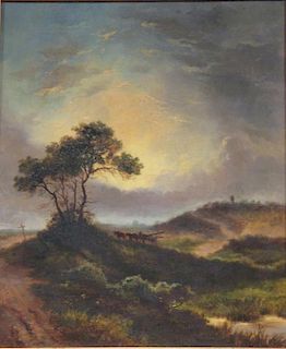 R Williams (British,1881), log wagon in a dusk landscape, oil on canvas, 52.5 x 42cm <br> <br>