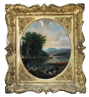 Continental School (18th Century) - A Rhineland river landscape with figures and animals fording a r