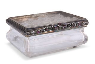 A 19TH CENTURY CONTINENTAL DIAMOND AND RUBY SET ROCK CRYSTAL BOX, rectangul