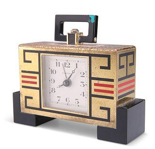 A GILT-BRASS AND ENAMEL ALARM CLOCK, IN THE ART DECO TASTE,?signed 'CARTIER