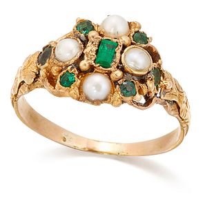 A SPLIT PEARL, EMERALD AND PASTE CLUSTER RING, a rectangular octagonal-cut 