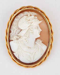 A 19TH CENTURY SHELL CAMEO BROOCH, carved depicting the bust of Athena, wit