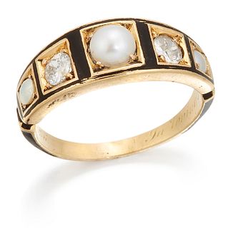 AN ENAMEL, SPLIT PEARL AND DIAMOND MOURNING RING, alternating split pearls 