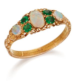 AN EMERALD AND OPAL RING, oval and round opals spaced by oval-cut emeralds 