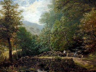 C Goodrich(?), two figures on a stone bridge in woodland, oil on canvas, 49.5 x 69cm <br> <br>