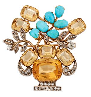 A CITRINE, TURQUOISE AND DIAMOND GIARDINETTO BROOCH, set throughout with cu