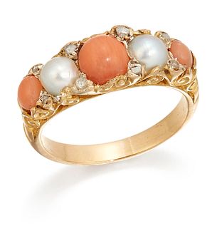 A CORAL, SPLIT PEARL AND DIAMOND RING, alternating coral and split pearls s