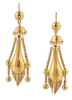 A PAIR OF VICTORIAN ETRUSCAN REVIVAL PENDANT EARRINGS, beaded drops with fr