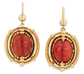 A PAIR OF 19TH CENTURY ARCHAEOLOGICAL REVIVAL CARNELIAN EARRINGS, IN THE MA