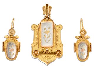 A VICTORIAN ETRUSCAN REVIVAL LOCKET PENDANT AND EARRINGS SUITE, each with a