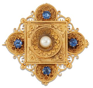 A VICTORIAN ETRUSCAN REVIVAL SAPPHIRE AND PEARL BROOCH, a pearl within a fa