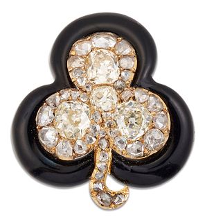 A VICTORIAN BLACK ENAMEL AND DIAMOND CLOVER BROOCH, set throughout with old