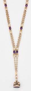 A 9 CARAT GOLD AMETHYST ALBERTINA OR NECKLACE, of double strands of belcher