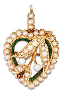 A LATE VICTORIAN SEED PEARL AND ENAMEL BROOCH PENDANT, the heart-shaped fra
