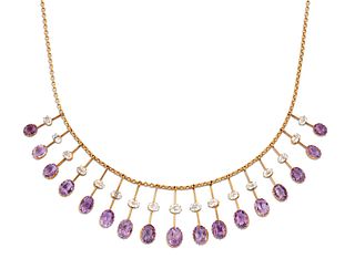 A LATE VICTORIAN AMETHYST AND AQUAMARINE FRINGE NECKLACE, the front with gr