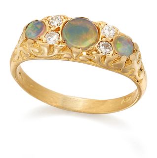 AN 18 CARAT GOLD OPAL AND DIAMOND RING,?three graduated round opals spaced 