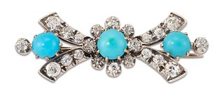 A LATE 19TH CENTURY TURQUOISE AND DIAMOND BROOCH, three turquoise within a 