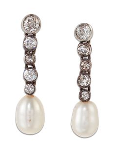 A PAIR OF PEARL AND DIAMOND PENDANT EARRINGS, graduated old-cut diamonds as