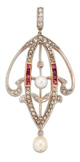 AN ART NOUVEAU DIAMOND, RUBY AND PEARL PENDANT, the scrolling openwork pend