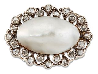 A BLISTER PEARL AND DIAMOND BROOCH, the oval blister pearl within decorativ