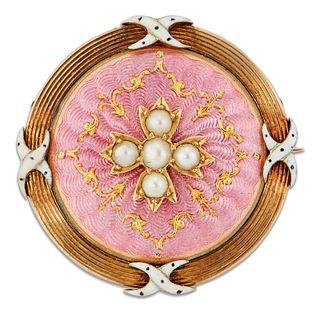 AN ENAMEL AND SEED PEARL BROOCH, the circular brooch with a cluster of pear