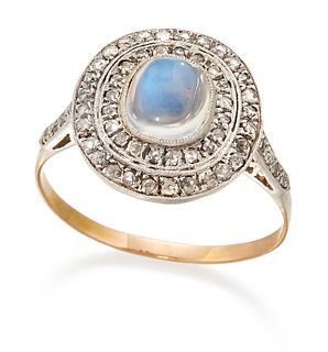 A MOONSTONE AND DIAMOND CLUSTER RING, a cushion moonstone within a two-tier