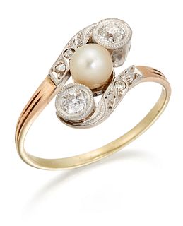 A CULTURED PEARL AND DIAMOND RING, a cultured pearl between milgrain set ol
